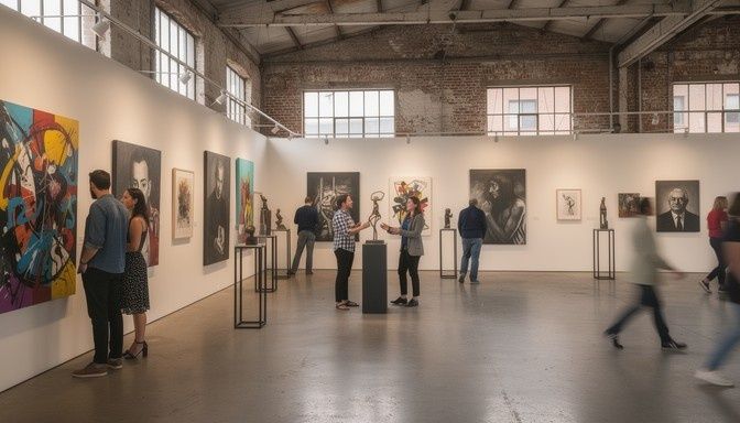 Menschen betrachten Kunst in einer umgenutzten Backsteinhalle