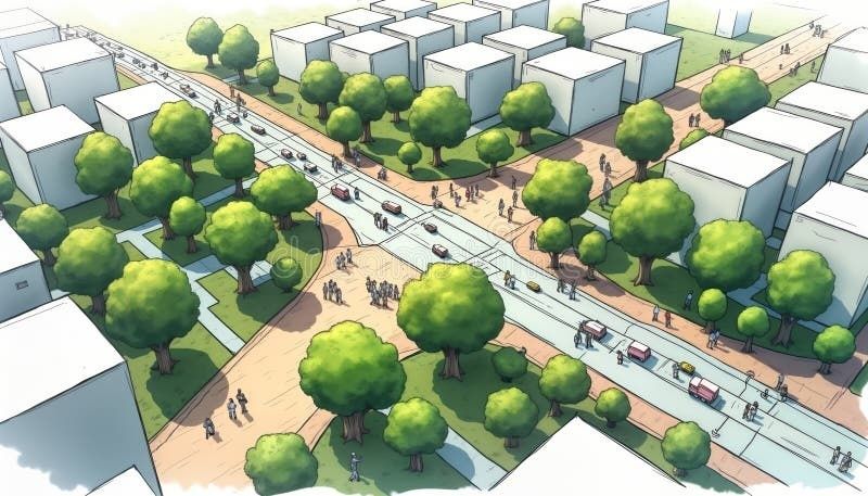 Luftbild einer begrünten Stadt mit breiter Verkehrs- und Fußwegachse